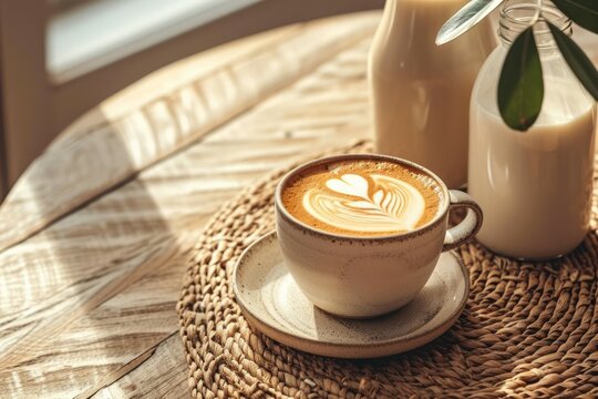Close-up shot of a well-presented oat milk latte in a stylish cup, with a bottle of oat milk nearby. Showcase the latte art and the rich texture of the coffee against a textured tabletop. 