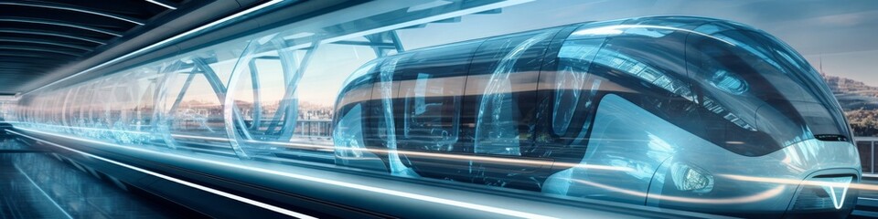 Futuristic transportation nexus panorama,  featuring magnetic levitation trains,  transparent tunnels,  and sustainable energy systems