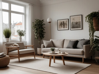 living room with beige sofa. interior design of modern living room, Simple minimal and Zen style