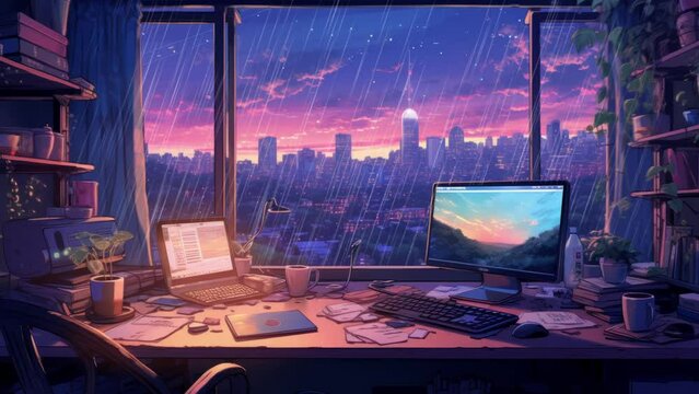 Lofi empty interior. Messy desk, window view of a forest, jungle. Anime, manga style. Colorful study lo-fi desk. Cozy chill vibe. Hip-hop atmoshperic lighs. Stars 4k wallpaper... Lofi de