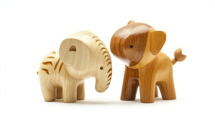 Hand made craft: A close-up and front view, a collection of couple cute animal wooden toys isolated on white background, with nature and soft studio lighting...