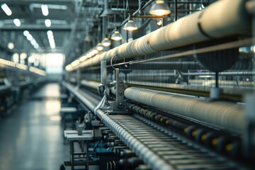 Spinning machines and looms in a textile manufacturing facility, depicting the process of transforming raw materials into fabrics - obrazy, fototapety, plakaty