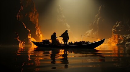 "Sunset Serenity: Silhouette of Fishermen in a Small Boat