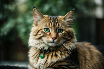 Naklejka na ściany i meble Hyper realistic photo of a cat with a ringed tail green eyes and brown and blonde black furr