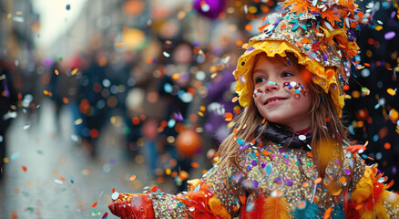 beautiful little girl dressed in colorful costumes parades confetti