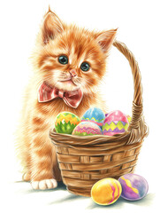 cute orange tabby kitten in easter basket with multicolored painted eggs
