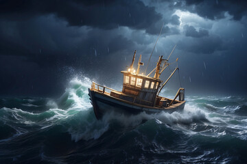 Obraz premium fishing boat with crashing waves at night