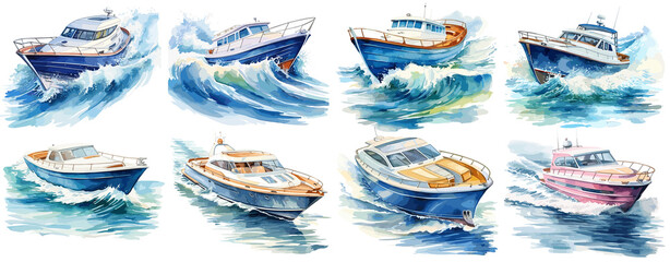 Set of watercolor speedboat Sticker, Clipart, PNG, generated ai - obrazy, fototapety, plakaty