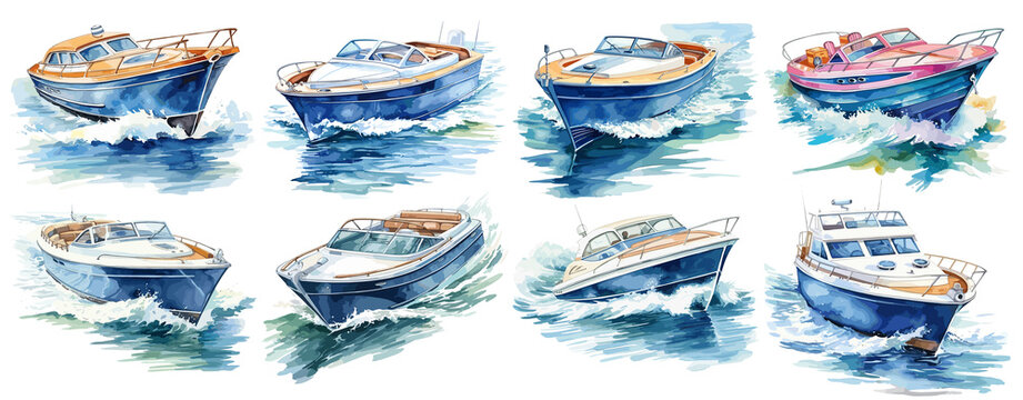 Set of watercolor speedboat Sticker, Clipart, PNG, generated ai