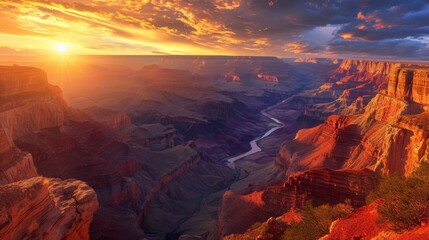 Majestic Sunset Over Canyon With Serene River