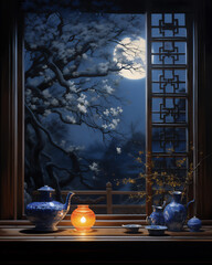  window with oriental architecture in the dark night