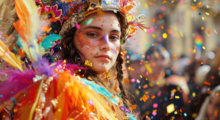 beautiful young woman dressed in colorful costumes parades confetti