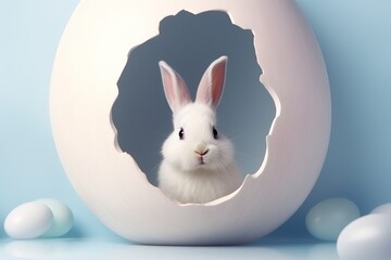 Naklejka na ściany i meble white bunny sitting inside egg shell with pink light blue theme. Banner Easter Day, free space