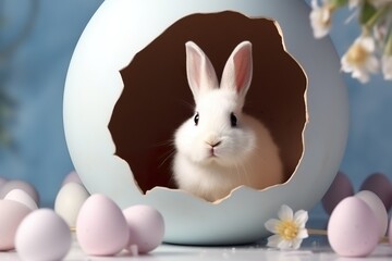 Naklejka na ściany i meble white bunny sitting inside egg shell with pink light blue theme. Banner Easter Day, free space