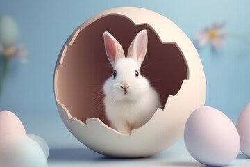 white bunny sitting inside egg shell with pink light blue theme. Banner Easter Day, free space