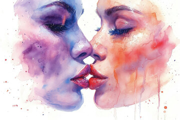 Watercolor illustration for Valentine's Day. Close-up of two women kissing. Postcard for your loved one. Concept of same sex love, lesbian, gay, lgbt feelings, relationship, holiday, February 14 - obrazy, fototapety, plakaty