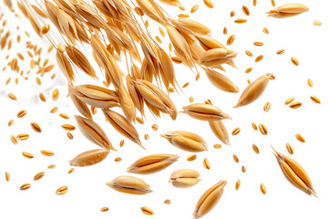 Golden grains of wheat spread across a textured background, representing agriculture and healthy food