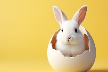 Obraz premium white bunny sitting inside egg shell with yellow theme. Banner Easter Day, free space