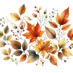 Big AUTUMN watercolor set -wood leaves, nature elements, herbs, leaf, mushrooms, pumpkins. Painted in watercolor on a white isolated background. Floral illustrations for logo, wedding, invitation