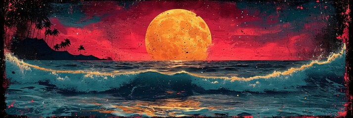 Screen printed Big Wave Sunset Illustration on a Black Background in the Style of a 1970s Music Poster - 70s Graphic Design Wallpaper created with Generative AI Technology - obrazy, fototapety, plakaty