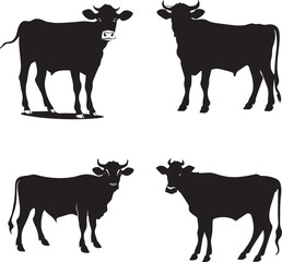 Set of Cow black silhouette  on white background