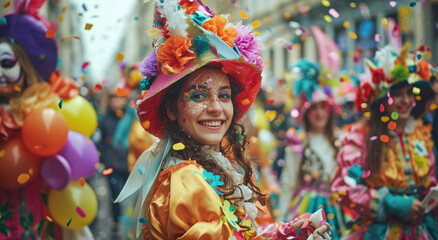 beautiful young woman dressed in colorful costumes parades confetti