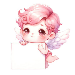 Illustration of a cute, cherubic cupid with pink decorations hold label or sign, Adorable Angelic Cupid, character design, romantic and love, watercolor clipart, Valentine day and holiday concept.