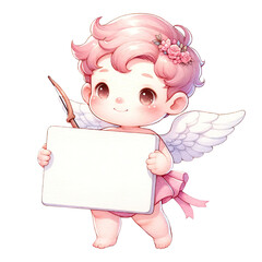 Illustration of a cute, cherubic cupid with pink decorations hold label or sign, Adorable Angelic Cupid, character design, romantic and love, watercolor clipart, Valentine day and holiday concept.