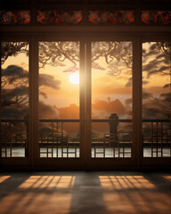  window with oriental architecture in the sunset