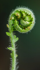 A green fern frond emerges, its delicate form captured in a soft focus. The image conveys growth and the beauty of nature&rsquo;s patterns.