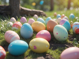 Fototapeta na wymiar Colorful cute Easter eggs fall from the sky like rain in the garden in spring.