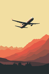 Fototapeta na wymiar Vector retro style poster with airplane flying over mountain landscape at sunset or sunrise