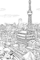 Japanese cityscape black and white coloring page for adults. Megapolis city buildings, street, landmarks vector outline doodle sketch for anti stress color book