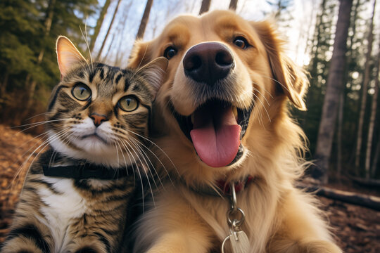 Funny cat and dog best friends taking a selfie shot. Best friends concept