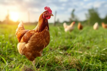 Fototapeta premium Free-range chicken on an organic farm, freely grazing on a meadow. Organic farming. Chicken or hen on a green meadow. Selective sharpness. Several chickens out of focus in the background