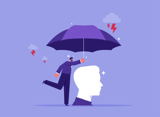 Help, psychological support or treatment mental illness concept, mental health protection, depression or anxiety control, man holds umbrella over  head to protect from heavy storm depression - obrazy, fototapety, plakaty