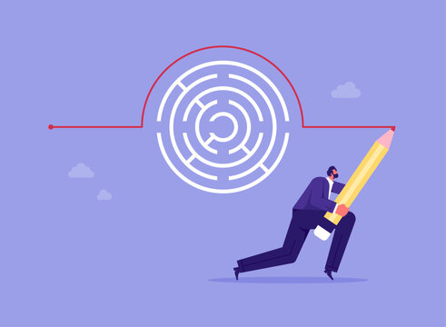 Workaround or solution to bypass problem or difficulty concept, businessman draw workaround line to solve maze, creativity to overcome obstacle or solving business problem