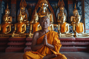 a monk meditating in a buddist temple with many golden buddha statue