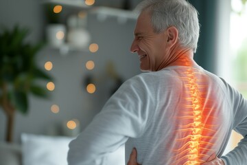 Digital composite of highlighted spine of senior man with back pain at home. Rearview shot of a old caucasian man with cgi highlighting his back injury. - Powered by Adobe