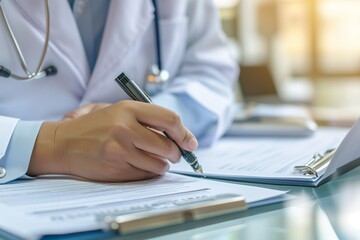 Fototapeta premium Doctor writing survey, insurance and claim form for medical paperwork, document and script for patient records, test result and research in a hospital. Physician hands signing and planning healthcare