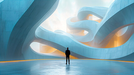 Silhouette of a man in the middle of an abstract construction in the form of curves and spirals. Futuristic architecture concept