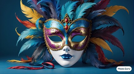 venetian carnival mask with feathers on blue background
