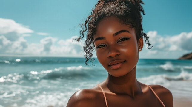 Happy african american dark skinned woman posing on the beach on a sunny day. Photo with copy space.