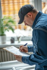 Obraz premium Plumber man, technician and clipboard document for home renovation and quality assurance notes. Handyman, plumbing service and checklist in house for building.