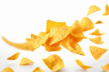 Naklejka premium Corn chips of triangular shape levitate on a white background Generative AI