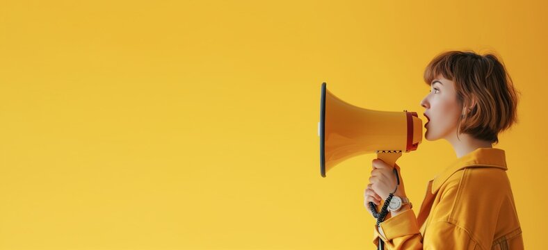 megaphone, announcement and woman voice isolated on yellow background, news or broadcast. Speech, opinion and gen z person in studio, mockup and call to action, protest or change. Place for text