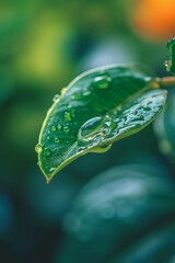 Large beautiful drops of transparent rain water on a green leaf macro. Drops of dew in the morning glow in the sun. Beautiful leaf texture in nature. Natural blurred background
