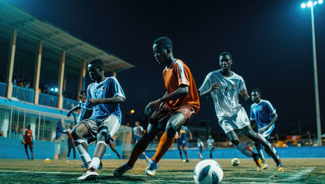 soccer player competing against other soccer players