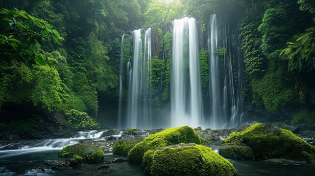 Majestic Waterfall Surrounded by Lush Greenery in