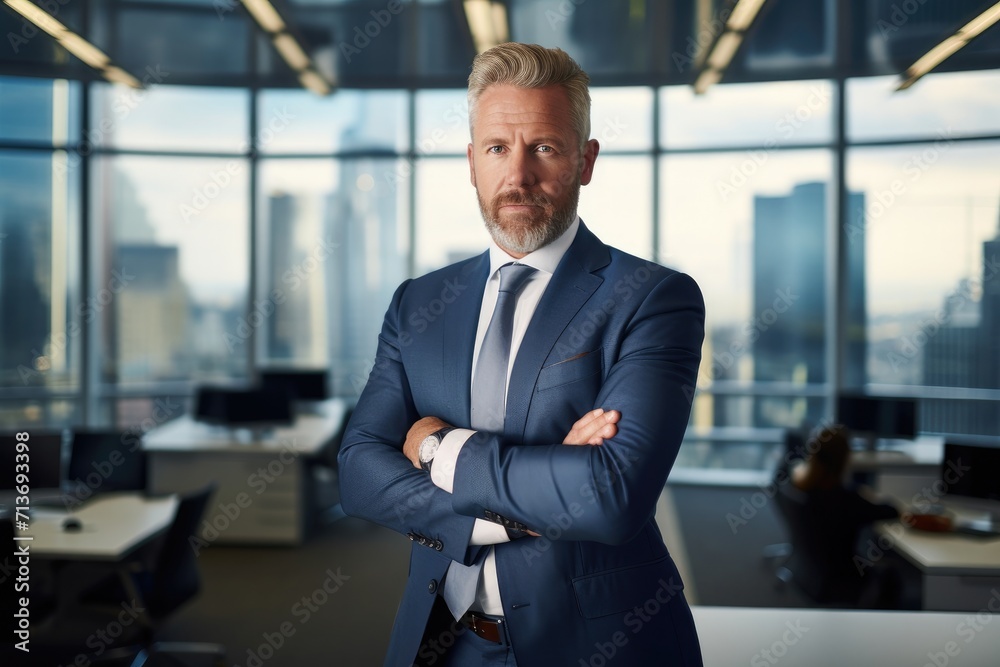 Poster A man in a suit and tie standing in front of a window. Generative AI.